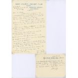 Gerald De Lisle Hough. Kent 1919-1920. Handwritten two page letter to H.W. 'Plum' Warner, Kent