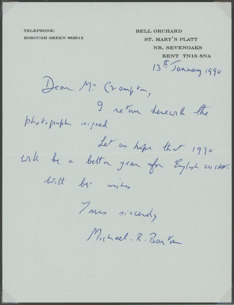 Michael Richard Barton. Oxford University & Surrey 1935-1954. Single page handwritten letter dated