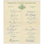 Australian tour of Pakistan and India 1959/60. Official autograph sheet signed in ink by seventeen