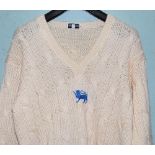 England 'One Day International' white long sleeved sweater worn by Steve Rhodes, with England lion