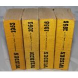 Wisden Cricketers' Almanack 1953 to 1956. Original limp cloth covers. Minor bowing to the spines