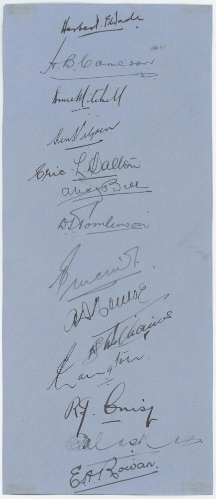 South Africa tour to England 1935. Page nicely signed in ink by fourteen members of the South Africa