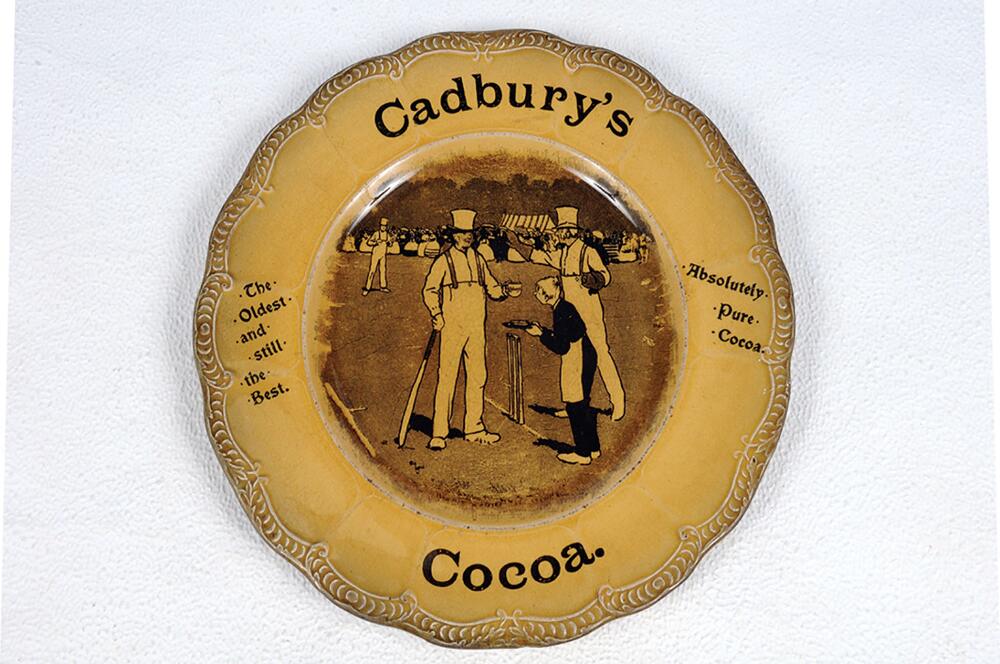 Cricket plate. 'Cadbury's Cocoa. The Oldest and still the best. Absolutely Pure Cocoa'. An