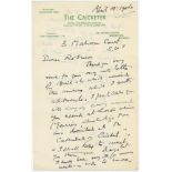 Pelham Francis Warner. Oxford University, Middlesex & England 1894-1920. Two page handwritten letter