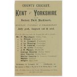 'County Cricket. Kent v Yorkshire'. 1893. Rare and early original handbill for the match played at