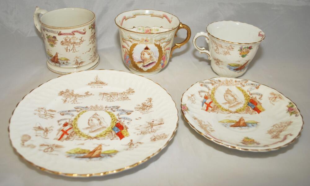 'Queen Victoria 1837-1897'. Commemorative white moustache cup with Queen Victoria and titles to