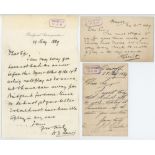 Glamorgan C.C.C. 1889. Three handwritten letters/ cards from cricketers replying to an invitation to