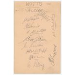 Nottinghamshire C.C.C. 1933. Album page signed in pencil by twelve Nottinghamshire players.