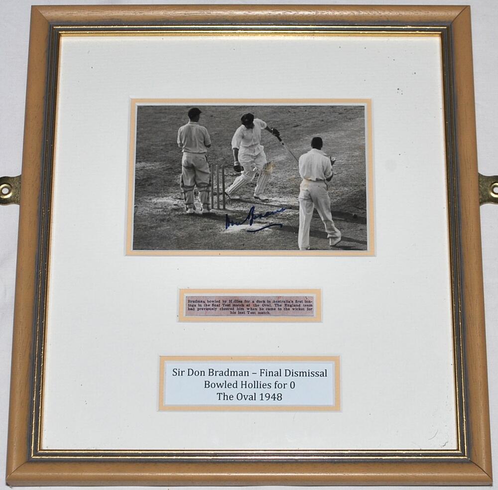 Don Bradman. Final Test 1948. Original mono photograph of Bradman looking back at his stumps