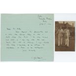 Challen Hasler Lufkin Skeet. Oxford University & Middlesex 1919-1922. Single page handwritten letter