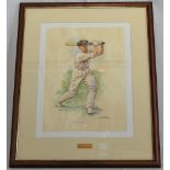 Don Bradman. Colour print of Bradman in batting pose from an original by Terence Gilbert.