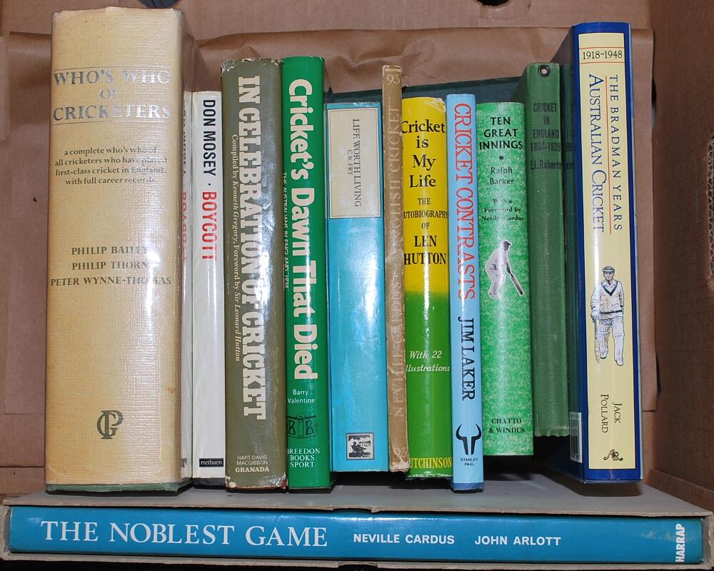 Cricket histories, biographies, etc. Two boxes comprising a selection of titles including twelve