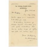 Don Bradman. Single page handwritten letter from Bradman in ink on The Victoria Station Hotel,