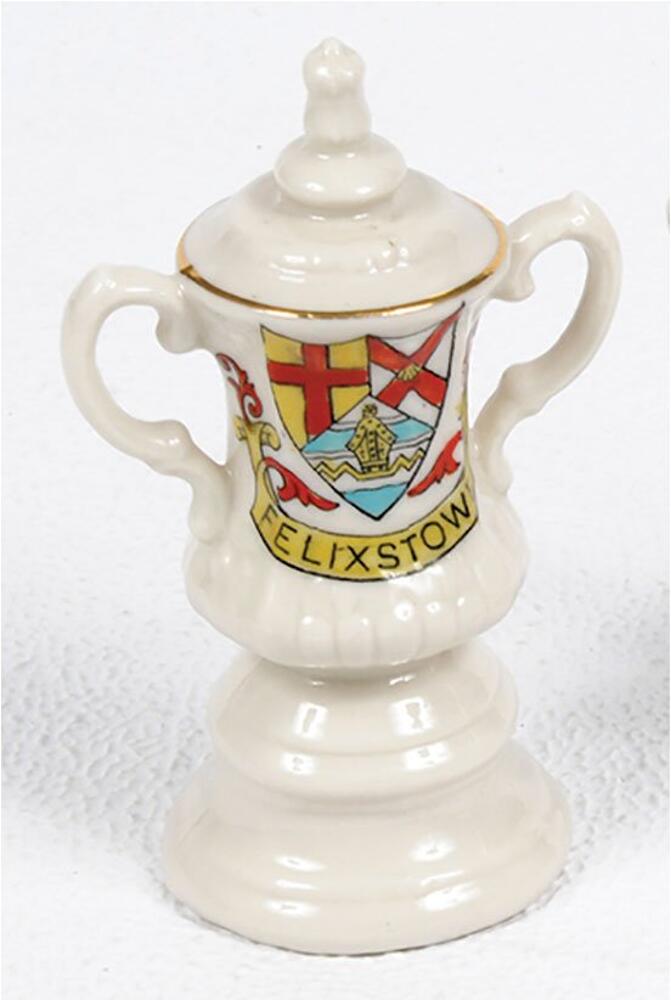 The F.A. Cup. 'Arcadian' crested china F.A. Cup with coat of arms of 'Felixstowe'. Gilt lustre to