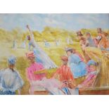 Lady Cricketers: A Good Catch'. Original large painting in vibrant acrylics by the artist, Ashley