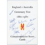 England v Australia. Centenary Test 1880-1980. Two commemorative silk scorecards produced for the