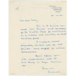 Herbert Sutcliffe. Yorkshire & England 1919-1945. Single page handwritten letter in blue ink from