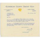 Wilfred Wooller. Cambridge University & Glamorgan, 1935-1962. Typed letter on official Glamorgan C.