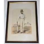 'Joseph Guy of Nottingham'. Early large hand coloured tinted lithograph of Joseph Guy in cricket