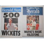 Shane Warne Test wicket milestones. Two original colour newspaper posters celebrating significant