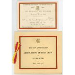 'The 150th Anniversary of the Marylebone Cricket Club 1787-1937'. Official invitation and menu for