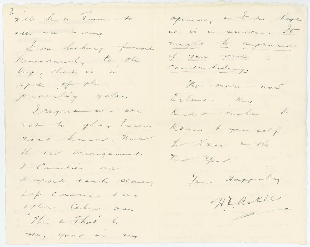 William Ewart 'Bill' Astill. Leicestershire & England 1906-1939. Four page handwritten letter in ink