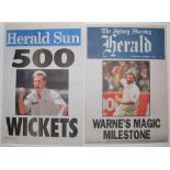 Shane Warne Test wicket milestones. Two original colour newspaper posters celebrating significant