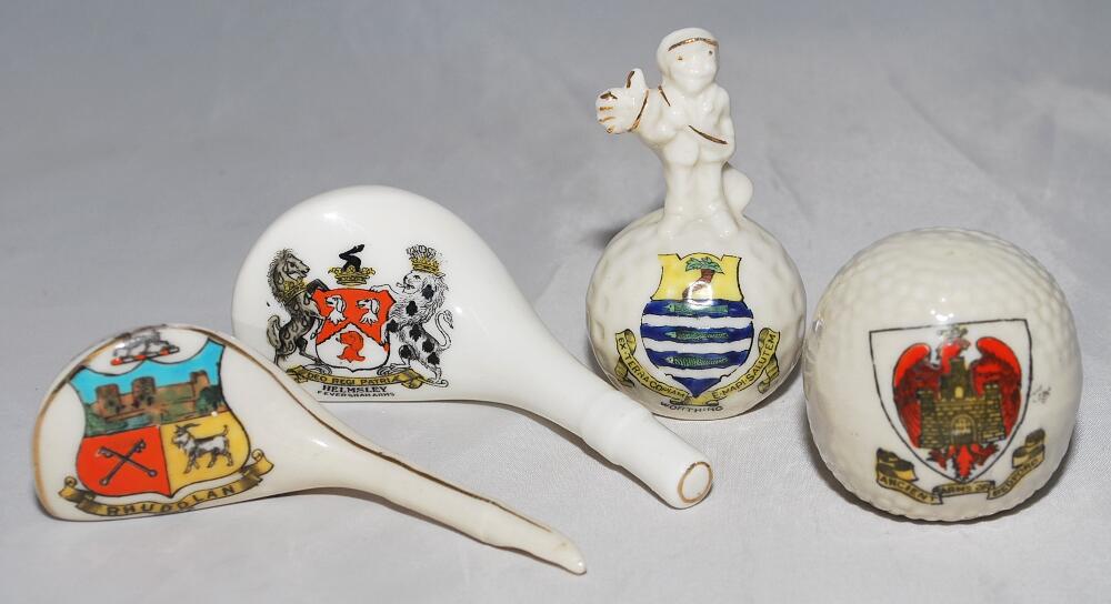 Golf. Four crested china golf ceramics. A golf ball with caddy, with golf bag and clubs to top,