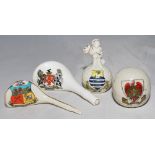 Golf. Four crested china golf ceramics. A golf ball with caddy, with golf bag and clubs to top,