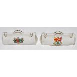 Crested cricket bags. Two large crested china cricket bags with colour emblems for 'Ipswich' and '