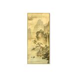 Large Antique Japanese Watercolor Scroll Painting, Landscape Scene. Toning and spotting, crease mar