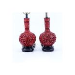 Pair of Chinese Cinnabar Style Vases Mounted as Lamps. Good condition. Overall measures 21-1/2" H,
