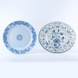 Grouping of Two (2): Large Italian Faience Blue and White Pottery Platters, Large Japanese Blue and