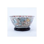 Modern Chinese Hand Painted Porcelain Punchbowl On Stand. Signed. Measures 7" H x 16-1/4" Dia. (est