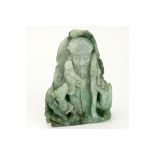 Chinese Carved Jade Shou Lao Figurine. Depicted holding staff and scepter. Light to dark green in c