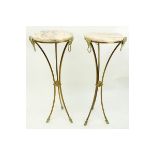 Pair of Marble Top Maison Jansen Style Brass Pedestal Tables. Rams head fittings standing on hoof f