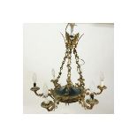 19/20th Century Empire Style Six-Light Gilt Brass and Tole Chandelier. Rubbing to gilt, losses to