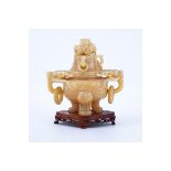 Chinese Carved Hardstone Covered Figural Urn On Stand. Unmarked. One ring broken but included. Meas