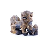 Large Modern Chinese Carved Wood Foo Dog Group. Unsigned. Wear, rubbing. Measures 17" T x 22" L. (