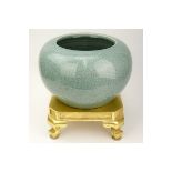 Modern Oriental Style Celadon Porcelain Jardinière on Gilt Stand. Unsigned. Jardinière in good cond