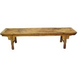 Large 19/20th Century Chinese Hardwood Bench. Wear to wood, scratches and scuffs to legs. Measures