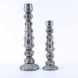 Two (2) Foil Clad Candlesticks. Unsigned. Wax residue. Measures 16" H & 12" H. (estimate $25-$50)