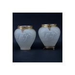 Pair Vintage Frosted Glass Vases With Reticulated Brass Mountings. Unsigned. Minor chips, one foot