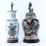 Grouping of Two (2): Chinese Famille Rose Vases Mounted as Lamps, Chinese Famille Noir Ginger Jar M