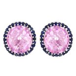 Pink Stone, Sapphire and 14K Earrings