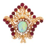 Opal, Diamond, Ruby and 14K Brooch