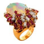 Vintage Opal, Ruby, Diamond and 18K Ring