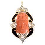 Vintage Coral, Onyx, Diamond and 14K Pendant