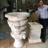 Italian Carved Marble Urn on Pedestal