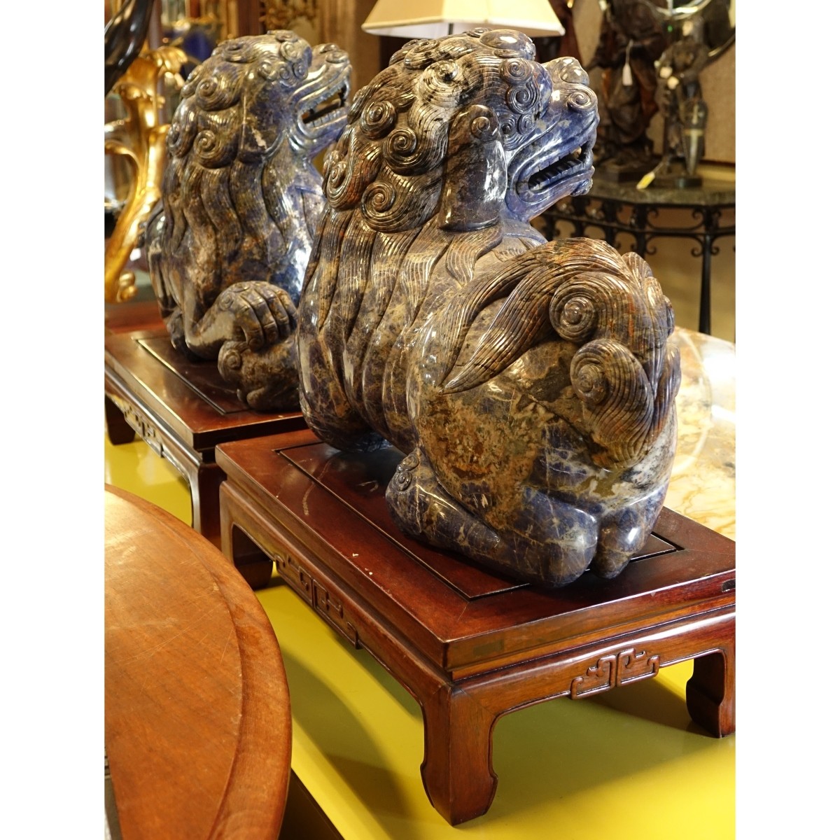 Chinese Carved Lapis Foo Dogs - Image 3 of 4